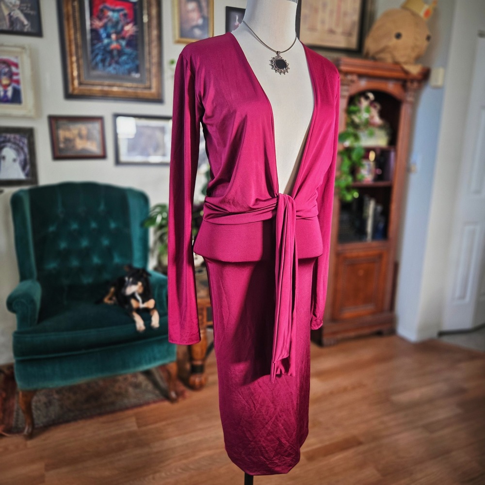 Philthy Ragz Burgundy Wine‎ Deep V Tie Waist Long Sleeve Bodycon Midi Dress